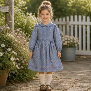 Vintage Ralph Lauren Girls 4 Floral Cotton Dress Blue Peter Pan Collar Hong Kong